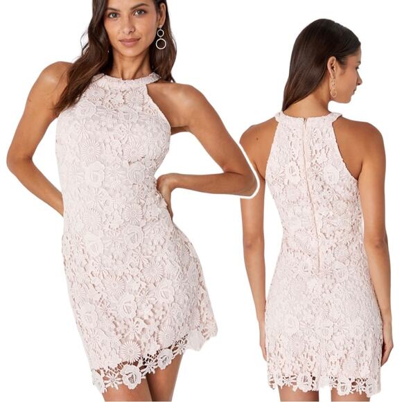 Lulus Love Poem Blush Pink Crochet Floral Lace Formal Halter Mini Dress Medium - Picture 13 of 13